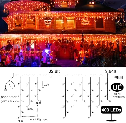 Icicle Lights for outside 33FT 400 LED Orange Halloween Lights Outdoor