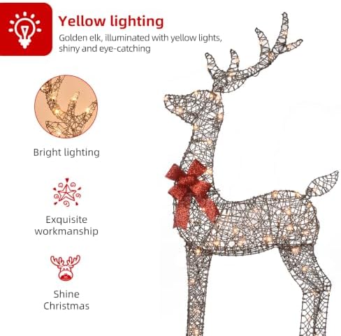 HOYECHI 5ft Light Up Reindeer Outdoor Christmas Decorations -3 Piece Rattan Deer Family Set with 160 Warm White LED Lights, Large Christmas Garden Decor for Lawn, Front Garden, Patio and Drivewa