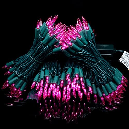YULETIME 200 Pink LED Christmas Lights, 66 ft Green Wire UL String Light