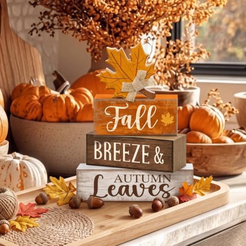 Lineshading 4 Pcs Wooden Fall Block Signs Farmhouse Tabletop Decor
