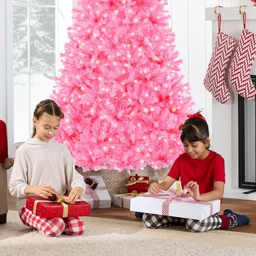 Best Choice Products 6ft Pre-Lit Pink Christmas Tree w/Twinkling LEDs, Full Artificial Pine Holiday Decor for Home, Office, Party Decoration w/ 250 Lights, 947 Branch Tips, Metal Base