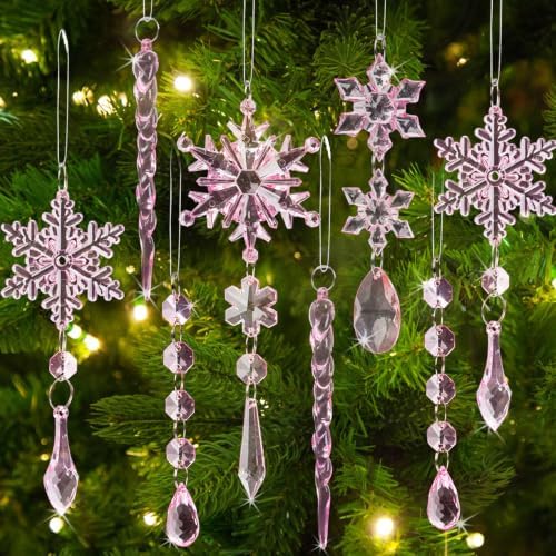36pcs Crystal Christmas Ornaments for Tree Decorations, Pink Hanging Acrylic Snowflake Icicle Star Ornaments with Drop Pendants for Winter Wonderland Chandelier Crystals Decorations Supplies