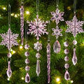 36pcs Crystal Christmas Ornaments for Tree Decorations, Pink Hanging Acrylic Snowflake Icicle Star Ornaments with Drop Pendants for Winter Wonderland Chandelier Crystals Decorations Supplies