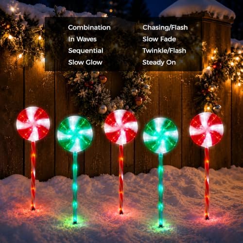 BRIGHTDECK 10 Pack Solar Christmas Pathway Lights, RedGreen Lollipop Stakes