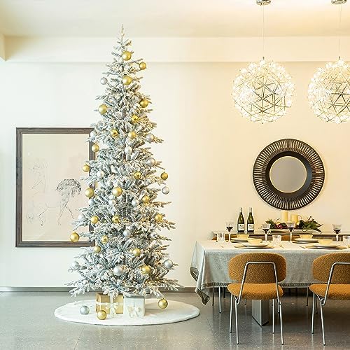 Glitzhome 10ft Prelit Christmas Tree, Artificial Flocked Christmas Tree with 2335 PE&PVC Branch Tips, Deluxe Majestic Frostfall Fir Holiday Tree w/700 Warm White Lights, Three Function, Easy Assembly