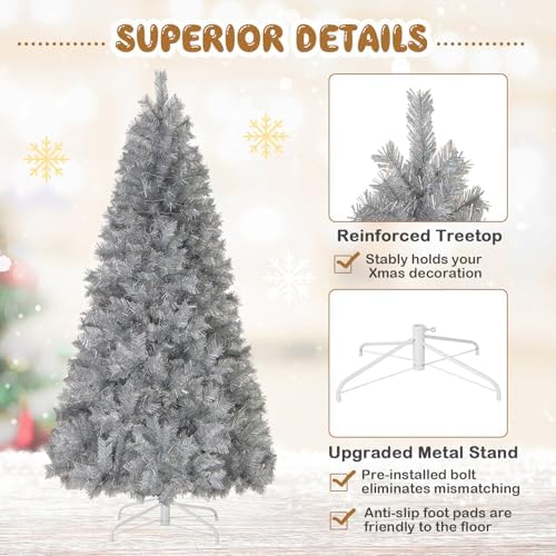 HAPPYGRILL 7 FT Pre-Lit Christmas Tree Silver Tinsel Artificial Xmas Tree with 807 Branch Tips, 400 Warm White LED Lights, Upgraded Metal Stand, Hinged Decoration Tree, Festive Celebration Tree