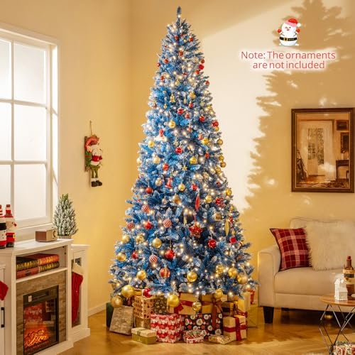 HAPPYGRILL 9 FT Pre-lit Christmas Tree Blue Hinged Artificial Xmas Tree with 520 Warm White LED Lights, 8 Modes, 1938 Frosted Branch Tips, Folding Metal Base, for Home Party Holiday