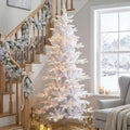 Glitzhome 7.5ft Prelit Artificial Christmas Tree, Slim White Frostfall Fir Xmas Tree with 360 Warm White & Multi-Color Lights, 1,486 Branch Tips, Flocked Christmas Tree for Indoor Holiday Spaces