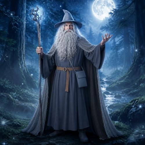 Grey Wizard Costume Set, Medieval Old Mage Fancy Dress Outfit with Hooded Cape, Long Robe, Wizard Hat, Wig & Beard, Belt and Crossbody Bag, Halloween Cosplay Party Dress-up Supplies for Men
