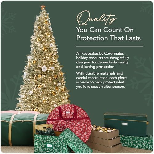 Covermates Keepsakes Rolling Adjustable Ornament Storage Bag – Heavy-Duty Polyester, FlexGrid Trays & Padded Dividers – Protective Holiday Organizer with Wheels, Handles & ID Window, Green Snowflake
