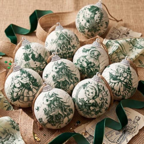 Outus 16pcs Green Vintage Toile De Jouy Christmas Ball Tree Ornaments