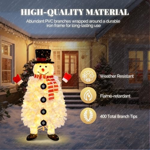 VINGLI 4ft Snowman Christmas Tree with 160 LED Lights, 400 Tips Artificial Xmas Tree, 10 Light Modes Changing, Festive Indoor Christmas Decor for Holiday Party and Home Pre-Lit Design