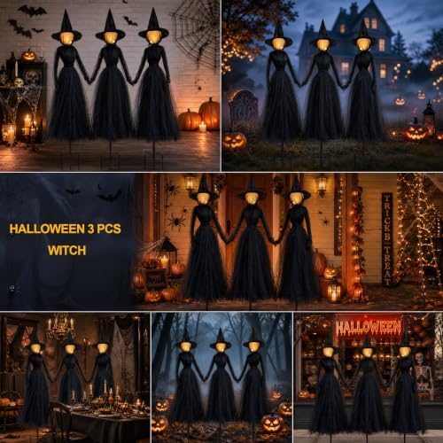 TW SHINE Halloween Witch Decorations Outdoor, 6 FT Set of 3 Holding Hands Witches Stakes with Glowing Face, Lighted Halloween Decor for Party Yard Lawn Porch Garden Haunted House Props