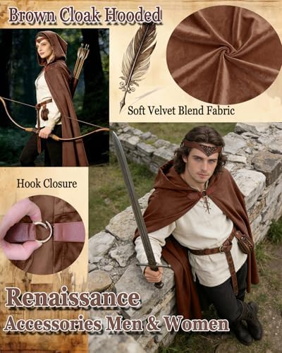 kasahara Renaissance Hooded Cloak Medieval Costume Accessories for Men Women Halloween Costume Cape Belt Pouch Bracers
