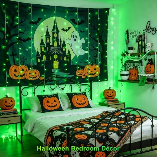 JMEXSUSS 300 LED Green Curtain Lights for Halloween Decor, 9.8x9.8ft