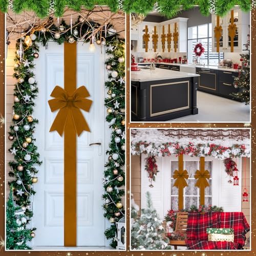 Daifunli 6 Pcs Brown Velvet Christmas Cabinet Bows Ribbons for Kitchen