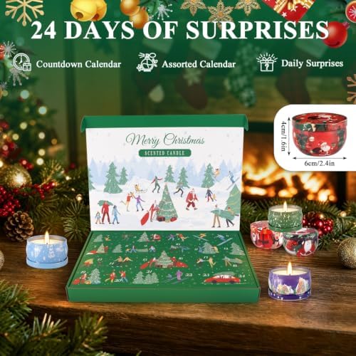 24 Days of Christmas Countdown Tin Candles, Festive Scented Soy Wax Gift Set, Holiday Aromatherapy Candles for Women, Christmas Decor
