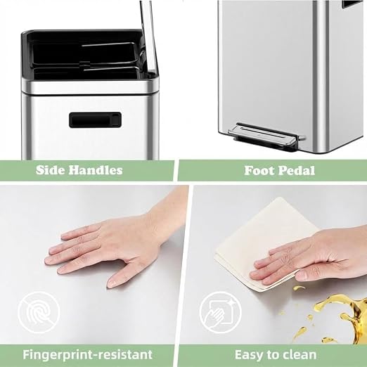 Takywep 2x10.6 Gallon Stainless Steel Trash Can with Soft-Close Lid & Foot Pedal, Rectangular Recycling Bin with 2 Removable Buckets for Kitchen, Office, Home Waste Separation