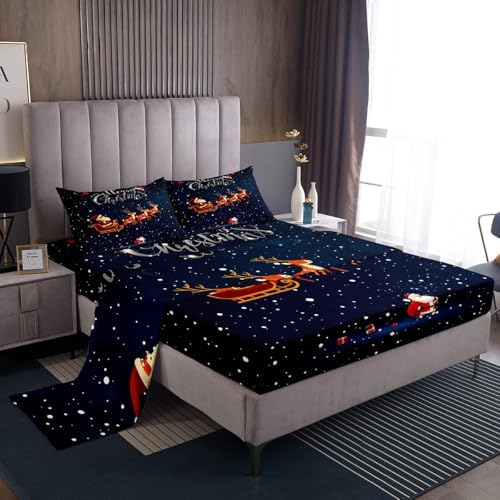 Bed Sheets Kids Boys Sled Car Sheet Set 3 Pcs Child Santa Claus and Elk Sheets Set + Deep Pocket Fitted Sheets + Snowing Flat Sheet 1 Pillow Sham,Twin Size