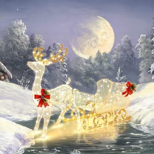 Tangkula 6 FT Christmas Lighted Reindeer & Santa’s Sleigh Set, Warm White