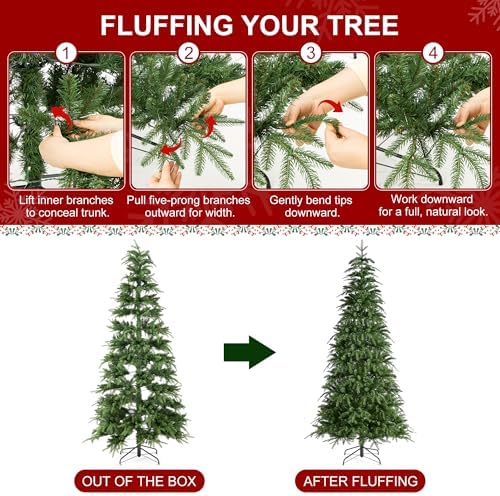 Glitzhome Prelit Christmas Tree, 7.5ft Slim Christmas Tree, Hinged Artificial Tree Radiant Evergreen Fir with 400 Warm White/Multi-Color LED Lights,9 Function,w/Remote Control,Easy Assembly