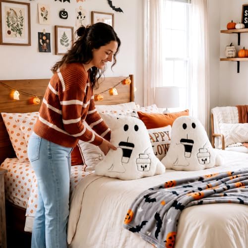 Konohan 2 Pcs Halloween Coffee Ghost Throw Pillows Ghost Shaped Stuffed