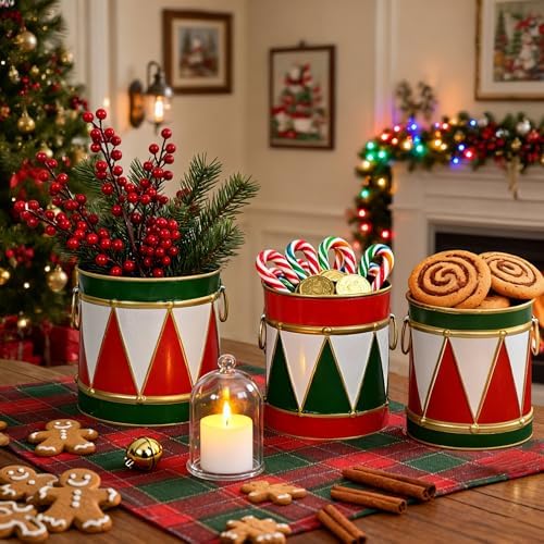3-Piece Christmas Metal Drum Buckets Set - Festive Ice Bucket & Storage for Small Plants/Ornaments/Candies, Round Decorative Pails for Party Table Centerpieces & Home Mantel Display