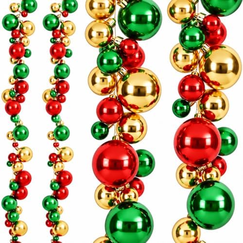 Whaline 2Pcs Christmas Ball Garland, Shatterproof, Red Green Gold, 6 Ft