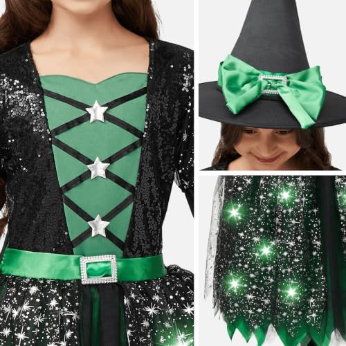 Spooktacular Creations Witch Costume Kids, Light Up Halloween Costumes Witch Dress with Hat and Broom for Girls, Sweet Wizard Set for Toddler Scary Halloween Themed Parties, Green, 3T