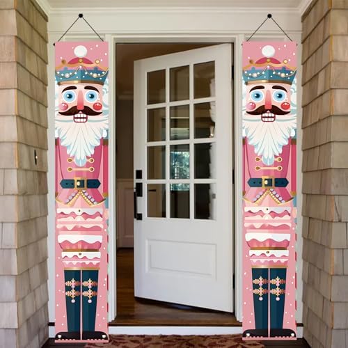 2PCS Christmas Nutcracker Porch Banner Decorations 71 x 12 Inch Pink Nutcracker Soldier Hanging Sign Vertical Holiday Wall Decor for Indoor Fireplace Doorway Winter Party Setup