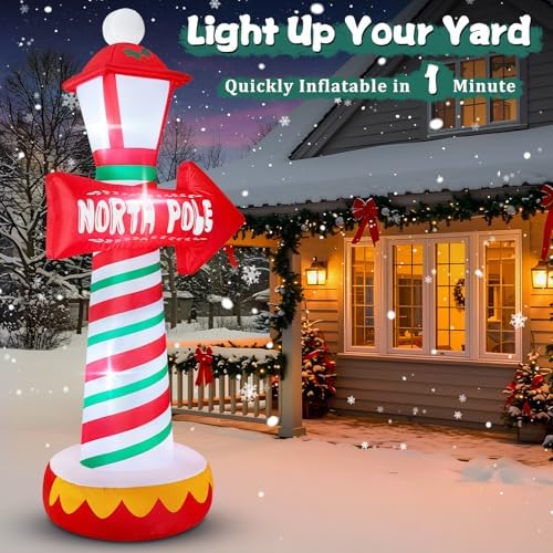 6 FT Christmas Inflatables North Pole Road Sign Outdoor Decoration, Blow Up Street Lamp with Built-in LED Lights, Santa Claus Arctic Road Sign for Holiday Display Lawn Garden Yard Xmas Decor