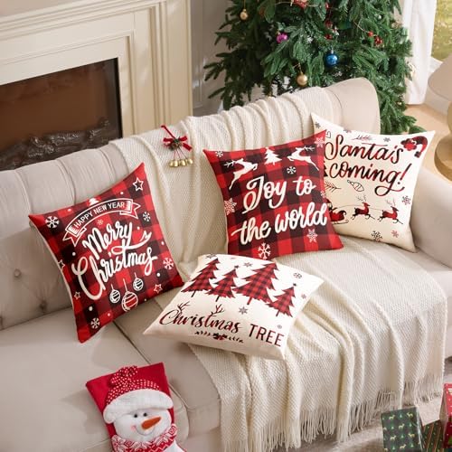 Plaid Christmas Pillow Covers 18x18 Buffalo Check Set of 4 Red Black Christmas Decorations Farmhouse Throw Pillow Covers Winter Holiday Linen Cushion Case for Home Sofa Couch Bed Chair