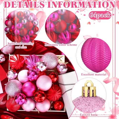 Lunmon 64 Pcs Christmas Ball Ornaments Red Pink and Hot Pink Xmas Bulbs