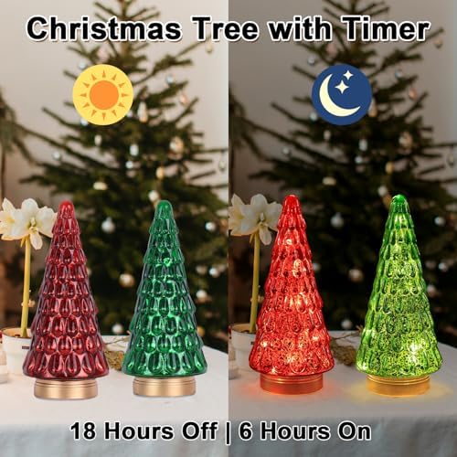 PHITRIC Christmas Decorations Indoor, 2 PCS Sparkling Glass Christmas Tree Table Centerpieces Decor with LED Lights and Timer, Xmas Tree Decorations for Home, Mantel, Shelf, Tabletop (Red & Green)