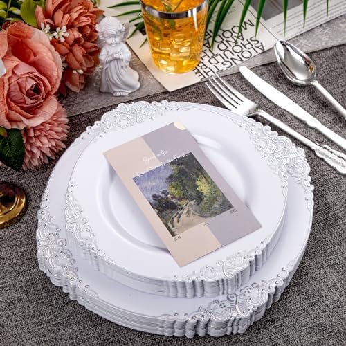 Hioasis 210 Pcs White Silver Plates for Party