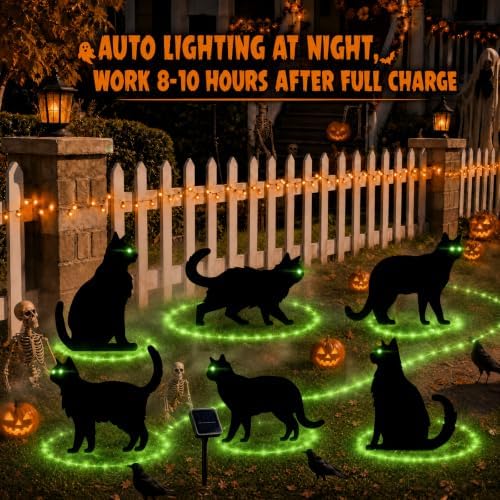6 Pack Halloween Black Cat Yard Decorations, Solar Powered Green Eyes