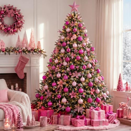 Lunmon 64 Pcs Hot and Light Pink Christmas Ball Ornaments Set