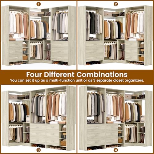 Aheaplus Closet System with 6 Drawers, 4 Hanging Rods & Corner Tower, Corner Closet System with Hanging, 86.8" L-Shaped Walk-In Wardrobe Organizer, 2000+ lbs Capacity, Set of 3, White Oak