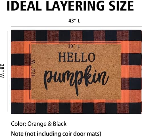 Orange and Black Plaid Rug, 28'' x 43'' Fall Outdoor Front Door Decor Mat, Cotton Washable Hand-Woven Rug for Layered Doormat, Autumn Halloween Thanksgiving Carpet for Porch, Entryway