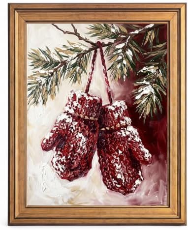 Framed Canvas Wall Art Painterly Winter Mittens on Pine Branch Red and White Snow Texture Canvas Print Poster Gold Frame Wall Decor for Living Room Winter Season, Holiday Art - Inch 16x20