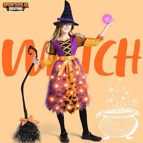 Spooktacular Creations Light Up Polka Dots Witch Tutu Costume for Girls Toddlers Starry Witch Dress with Magic Hat and Broom