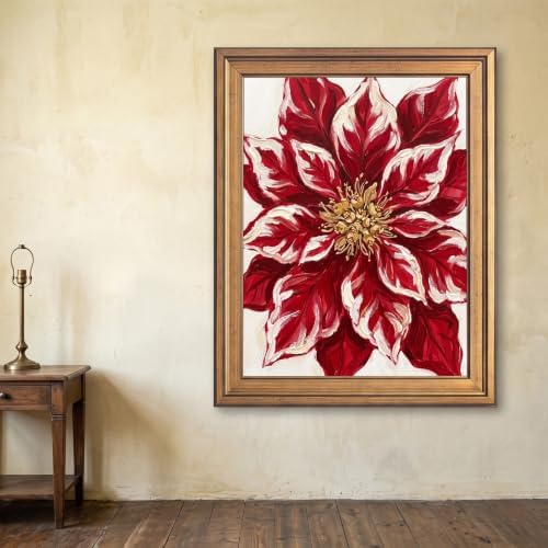 Framed Canvas Wall Art Expressive Painterly Red Poinsettia Deep Red and Creamy White Impasto Canvas Print Poster Gold Frame Wall Decor for Living Room Bedroom Floral Art, Holiday Decor - Inch 8x10