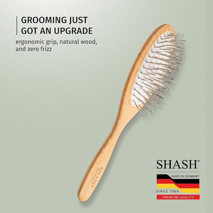 Since 1869 Hand Made In Germany - SHASH Oval Pet Brush With Long Metal Pins With Rubber Cushion - Helps Detangle Knots, Eliminate Frizz, Reduce Pulling & Snagging (Short Steel Pins)