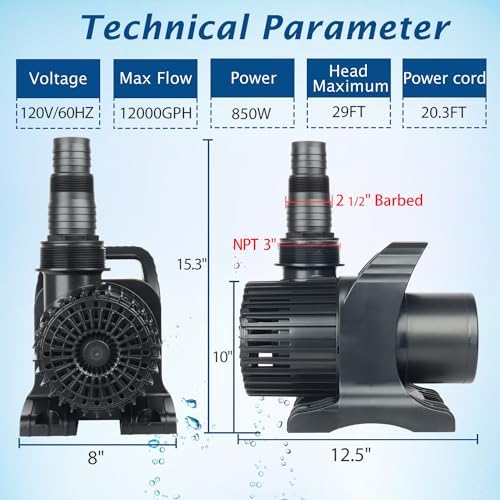 WaterRebirth 850W 12000 GPH Pond Pump, Ultra Quiet Heavy Duty Submersible Water Pump for Koi Ponds, Fountains, Aquariums & Waterfalls, 20.3 ft Power Cord, UL Listed