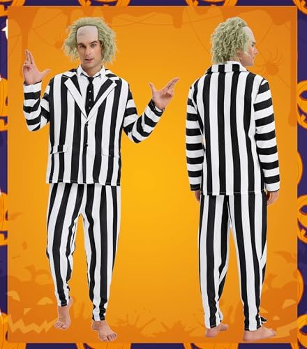 4 Pcs Black and White Stripe Suit with Wig - Adult Halloween Cosplay Outfits for Movie Role Play, Horror Theme Party