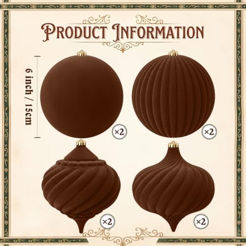 Civaner 8 Pcs Large Velvet Christmas Ball,6 Inch,Dark Brown