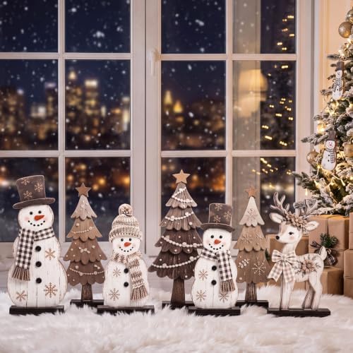 7 Pcs Christmas Table Decor Wooden Snowman Tree Deer Decor, Brown