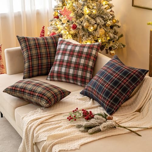 MIULEE Christmas Plaid Pillow Covers Scottish Tartan 18x18 Red and White