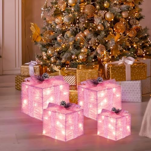 Set of 4 Christmas Lighted Gift Boxes, Pink Present Holiday Decor