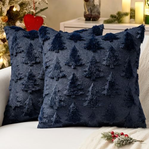 MIULEE Christmas Throw Pillow Covers Navy Blue Christmas Decorations Set of 2 Xmas Tree 18x18 Pillow Covers Soft Plush Faux Wool Pillowcases Holiday Festivals Winter Home Decor Sofa Couch Bed Porch